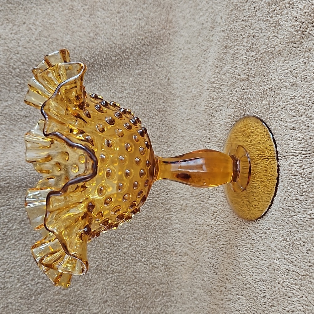 Fenton Vtg Amber Glass Pedestal Compote Dish Hobnail Pattern Ruffled Edge T11